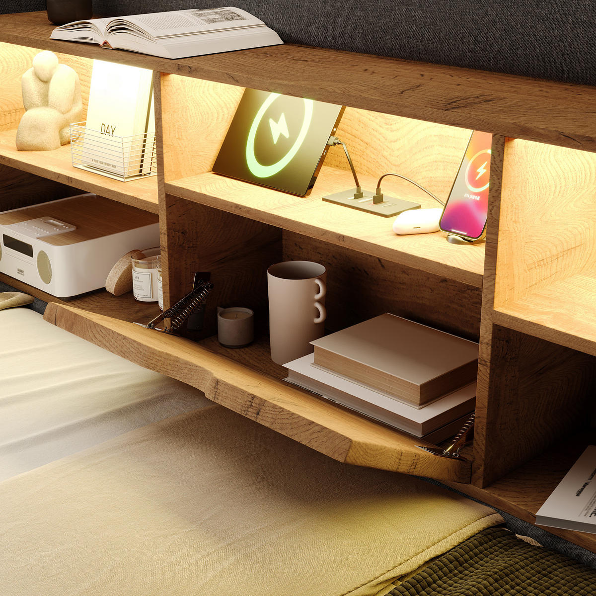 POLSTERBETT 140/190 cm Grau aus Leinen mit LED-Beleuchtung und Stauraum - Grau, Textil (140/190cm) - OKMYHOME