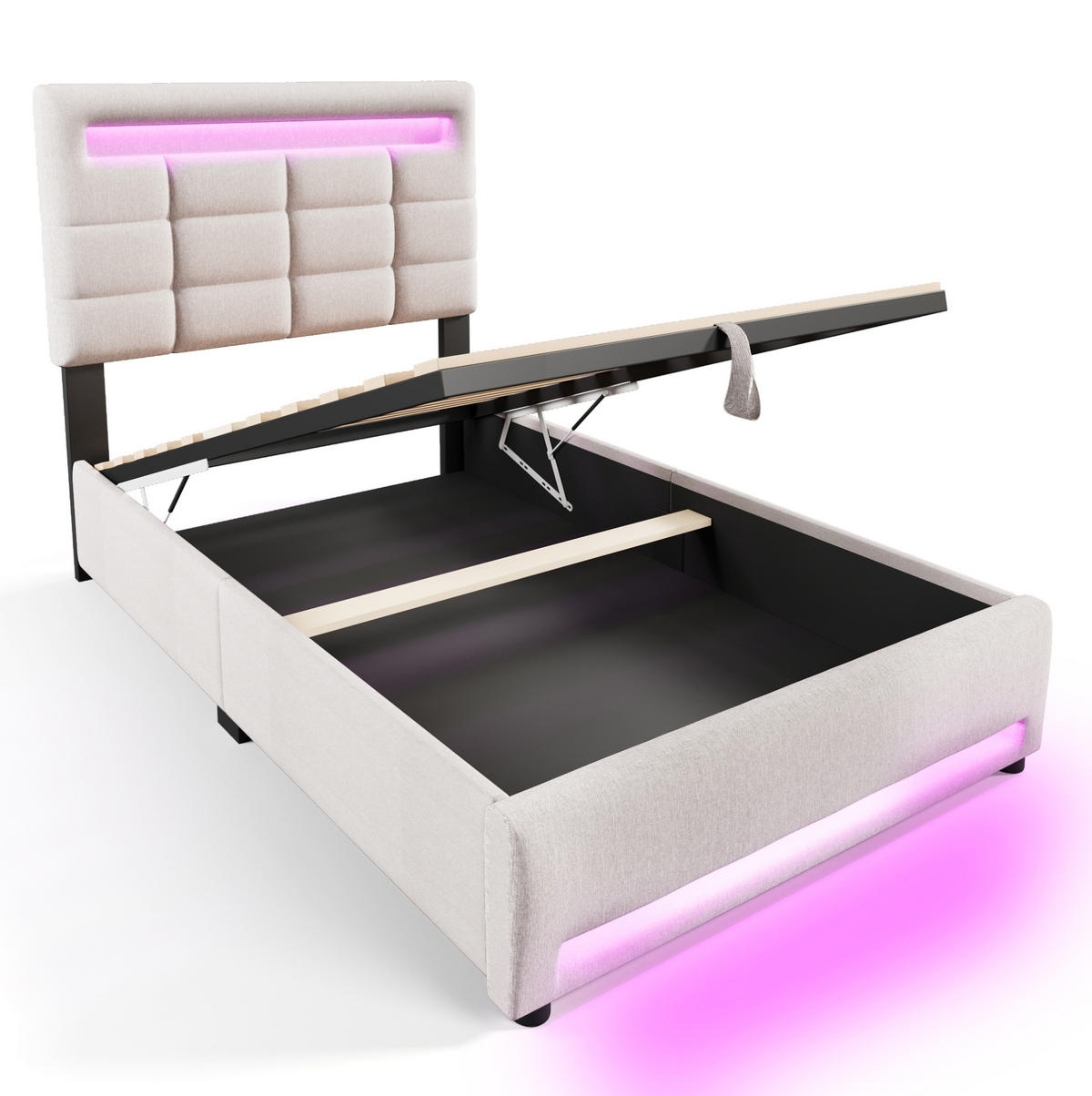 POLSTERBETT 90/200 cm mit Bettkasten, LED-Beleuchtung und USB in Beige - Beige, Textil (90/200cm) - BEAOK