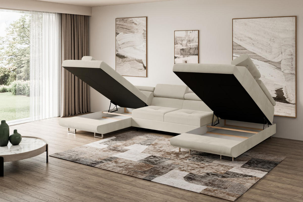 WOHNLANDSCHAFT mit Schlaffunktion und Bettkasten GUSA-U 342x202x107 cm Beige Velours - Beige/Silberfarben, Holzwerkstoff/Textil (342/107/202cm) - ALTDECOR