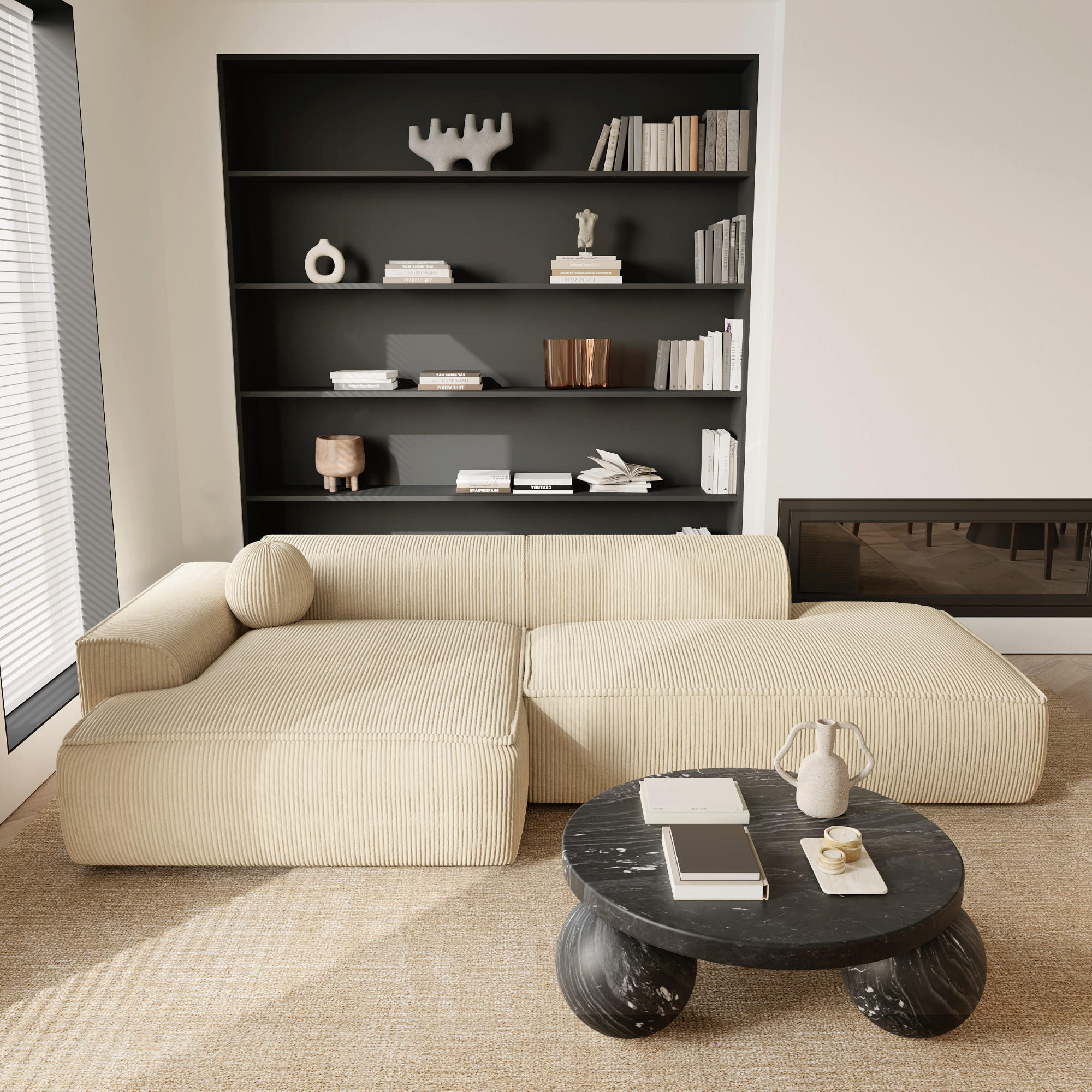 ECKSOFA LINKS Gerippter Samt Creme 260cm - Creme, Textil (155/260cm) - Sia Home