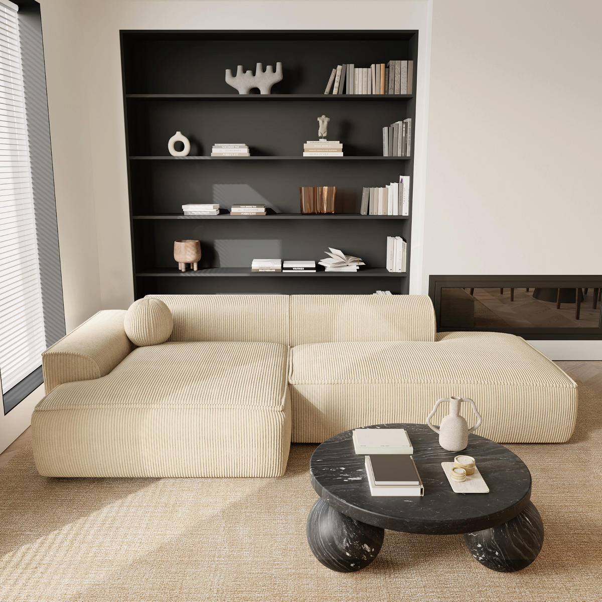 ECKSOFA LINKS Gerippter Samt Creme 260cm - Creme, Textil (155/260cm) - Sia Home
