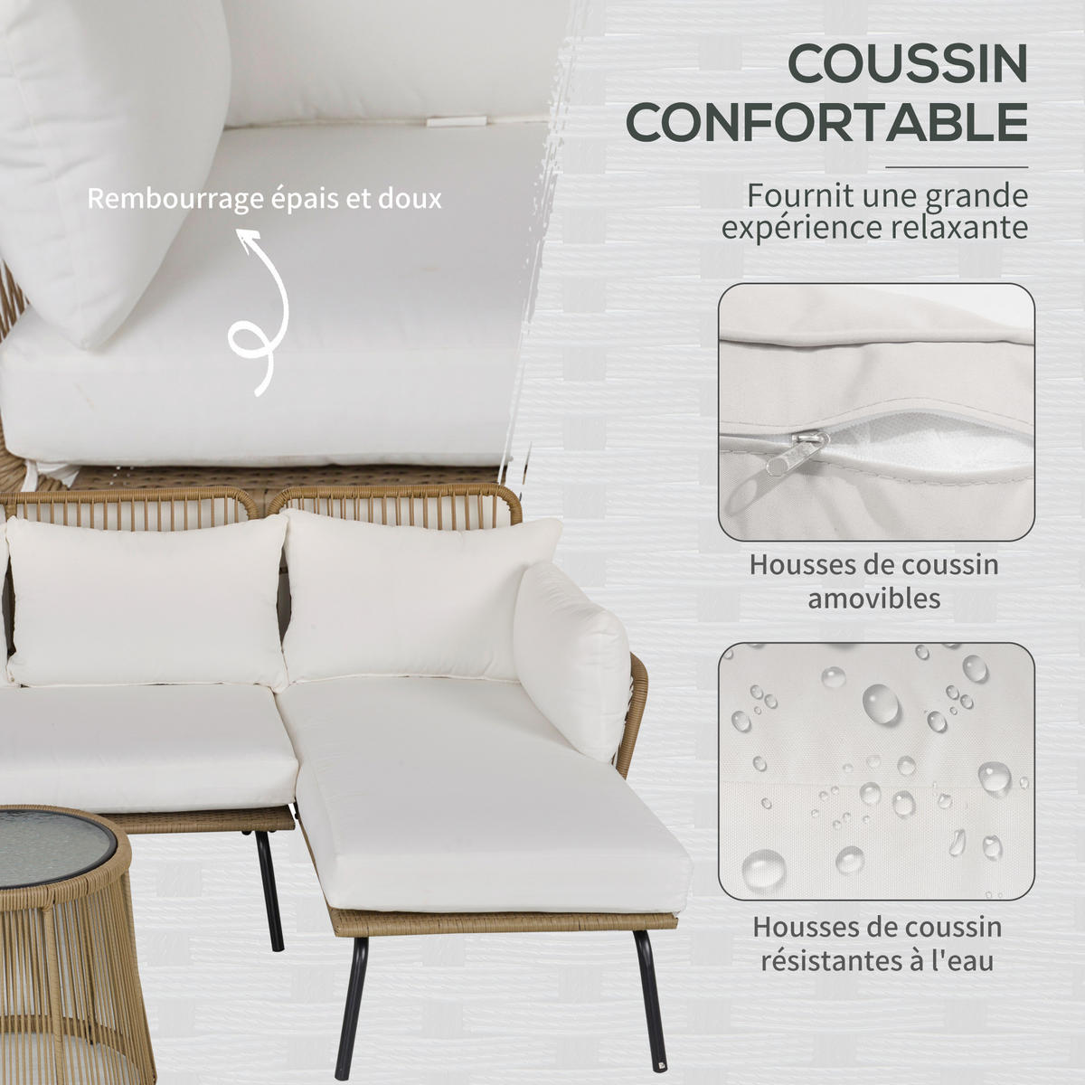 GARTENLOUNGE DE-13558 mit Recamiere & Glastisch Creme - Creme, Kunststoff/Metall - ComfortXL
