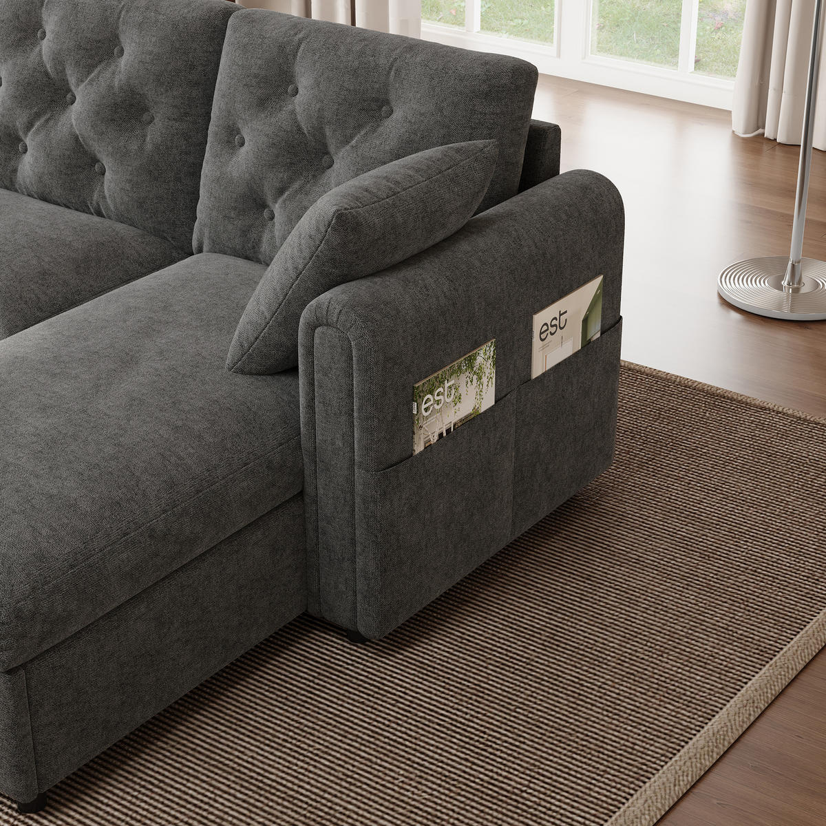 SOFA Grau L-Form Samt Stauraum Armlehne 281cm Knopfheftung - Grau, Textil (132/86/281cm) - FLIEKS