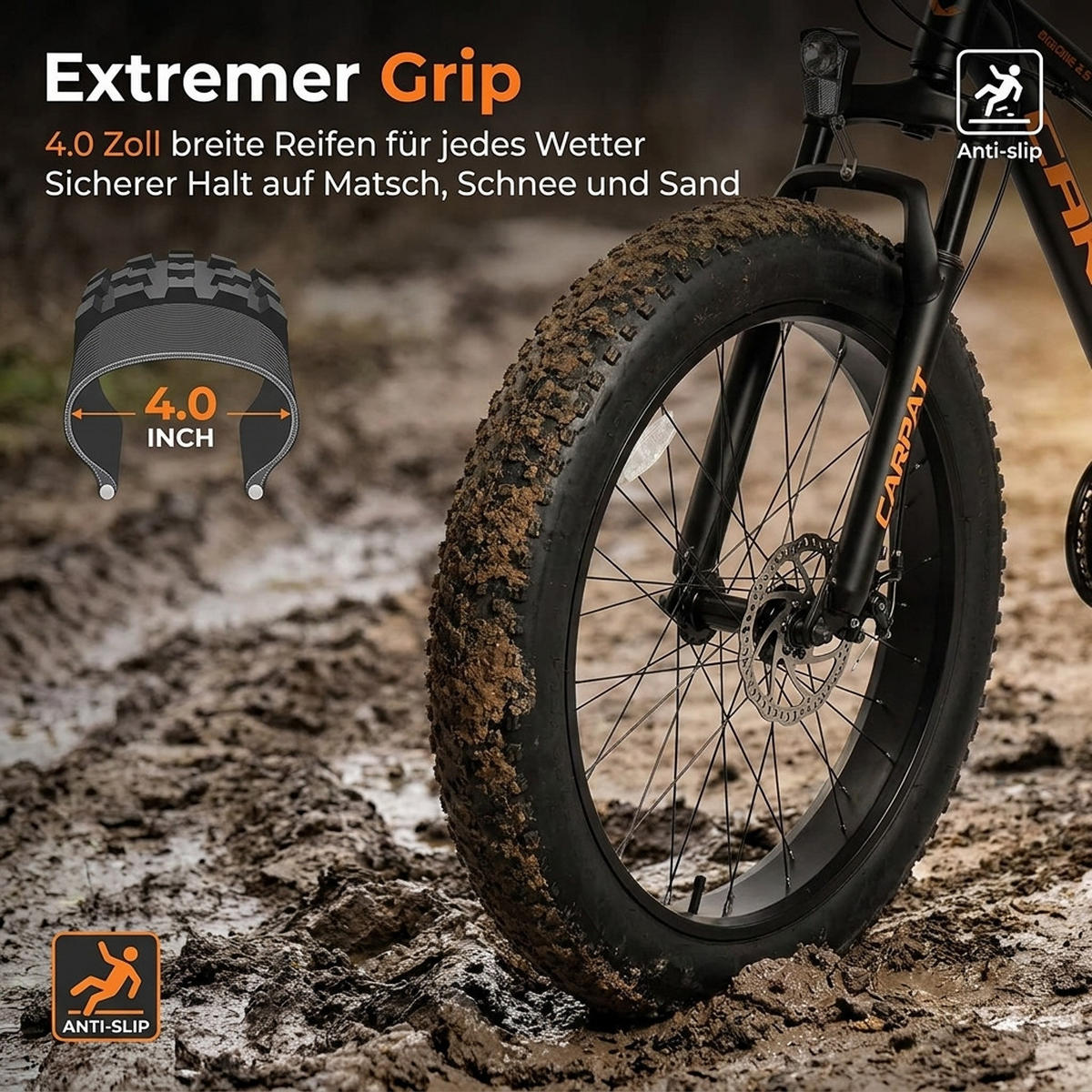 MOUNTAINBIKE 26 Zoll Schwarz – 4.0 Zoll Fettreifen – 2x8 Gangschaltung – Aluminiumlegierung - Schwarz/Orange, Metall (24cm) - Oxeza