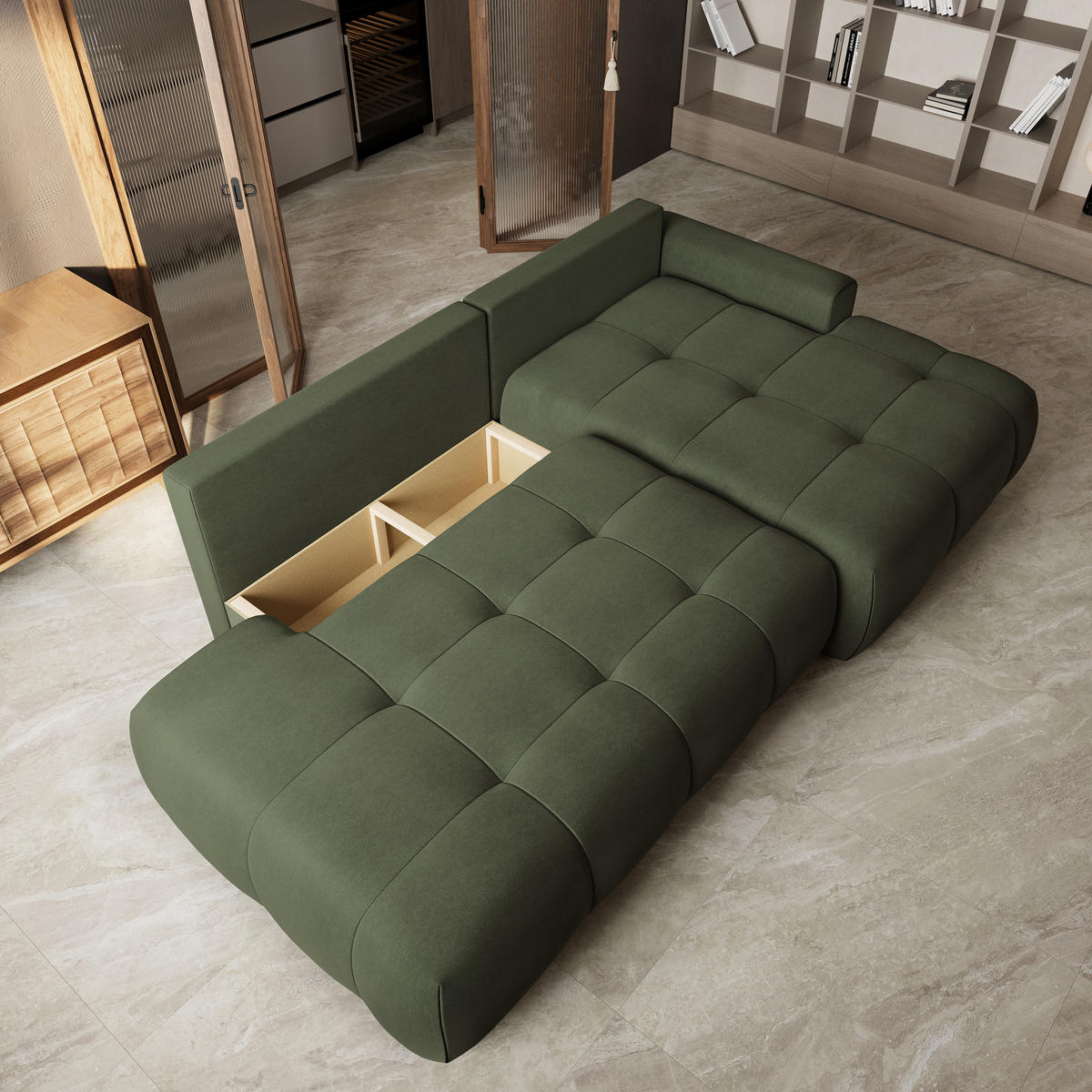 ECKSOFA FLUMA CL R-S Olivgrün Samtstoff mit Schlaffunktion - Olivgrün, Holzwerkstoff/Textil (279/158cm) - MASSENO