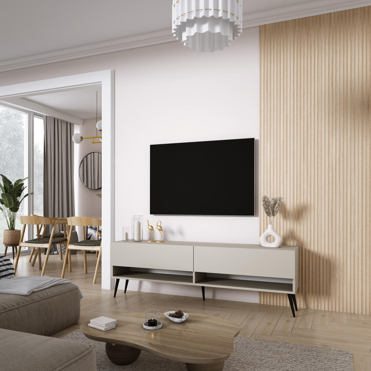 TV-LOWBOARD 170 cm Kaschmir, schwarze schräge Beine, 170 × 32 × 52 cm - Beige, Holzwerkstoff (170/52/32cm) - 3XE LIVING