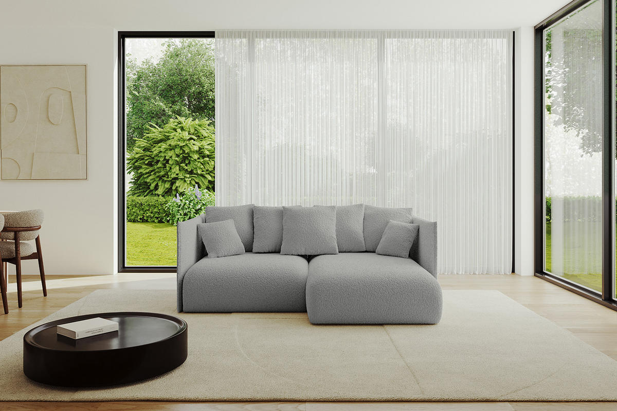 ECKSOFA mit Schlaffunktion und Bettkasten ONESK-L 208x165x40 Hellgrau Bouclé - Hellgrau, Holzwerkstoff/Kunststoff (208/165cm) - ALTDECOR