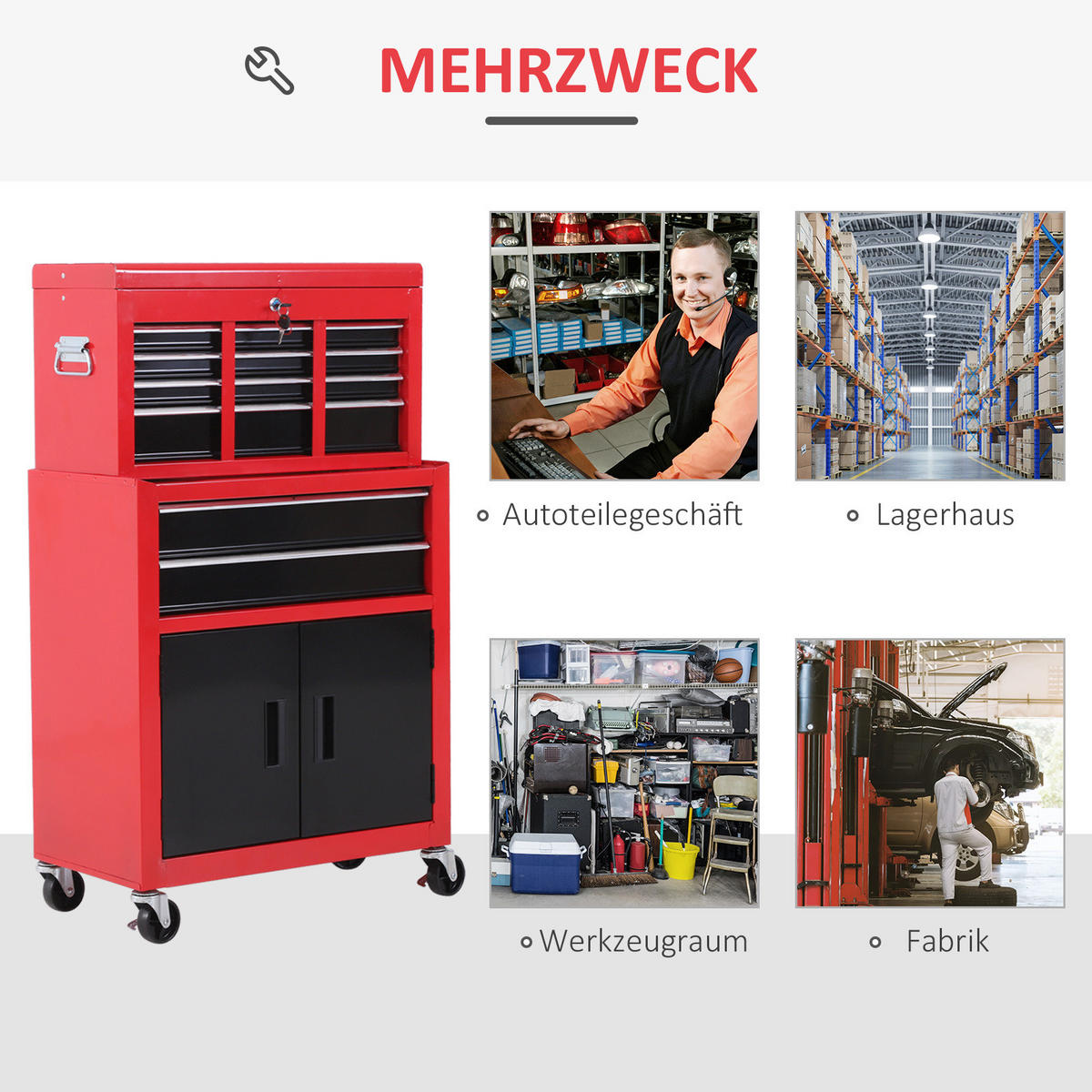 WERKSTATTWAGEN mit Werkzeugkasten 2 Schlüssel Metall Rot+Schwarz - Multicolor, Metall (61.6/108/33cm) - HOMCOM
