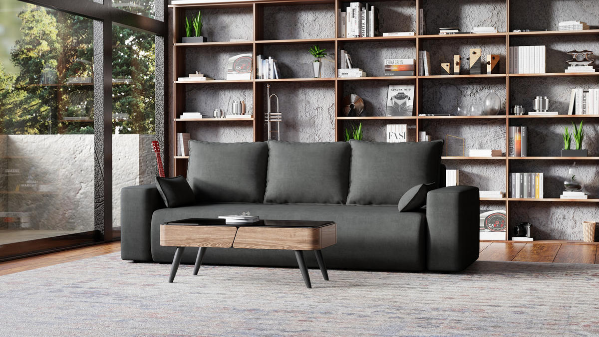 SOFA Bubi mit Bettkasten und Schlaffunktion, Velourstoff - Graphitfarben, Holzwerkstoff (242/85/95cm)