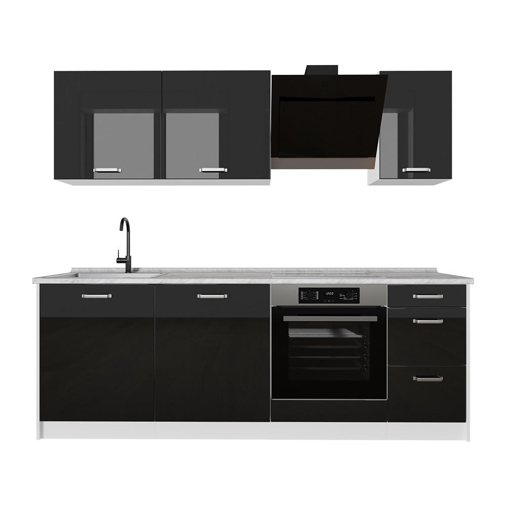Vicco Küchenzeile Schwarz Hochglanz, Weiß 220x81.6x46 cm