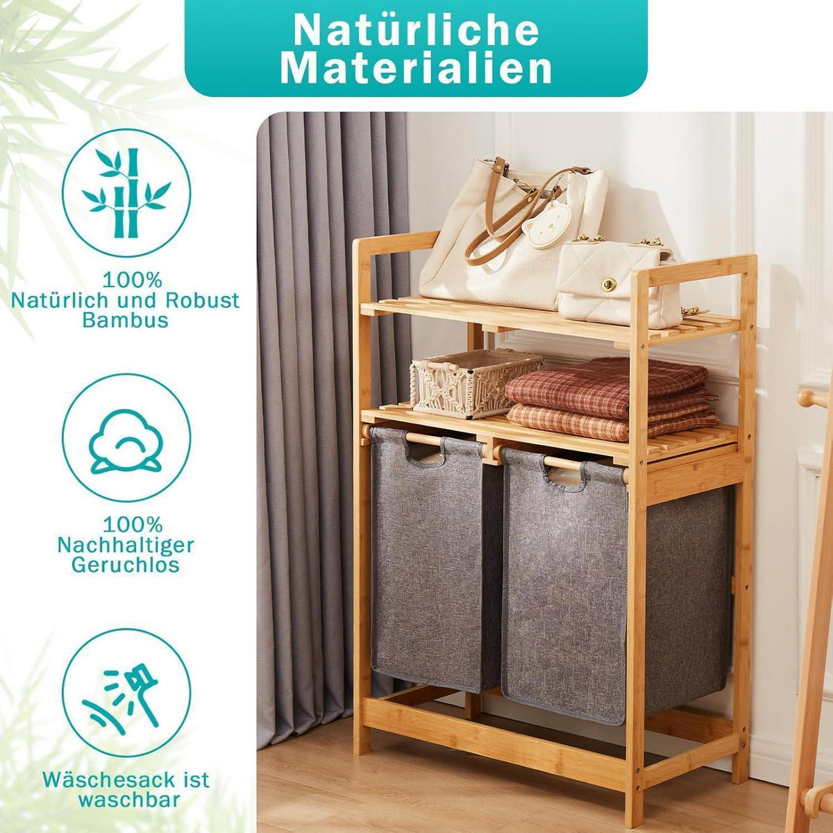 WÄSCHEKORB Bambus mit 2 Ablagen und 2 Wäschesäcken Grau 93 x 64 x 33 cm - Grau, Naturmaterialien (64/33/93cm)