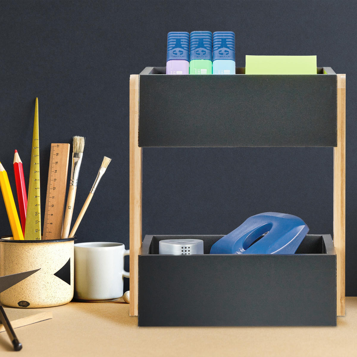 SCHREIBTISCHORGANIZER - Schwarz, Holz/Holzwerkstoff (16.5/22/25cm) - Relaxdays