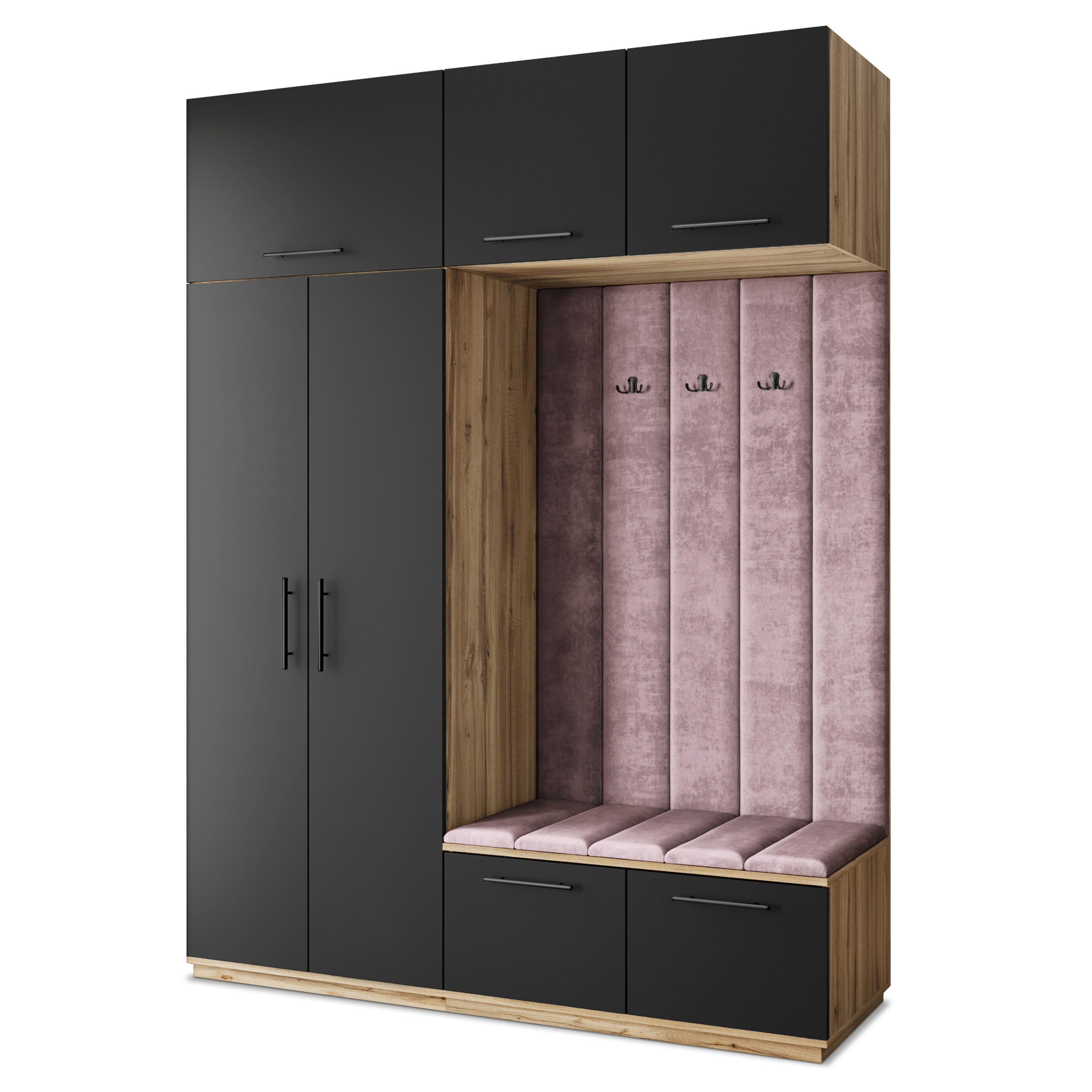 Masseno Garderobenschrank Eiche Wotan, Schwarz, Lila 180x240x60 cm