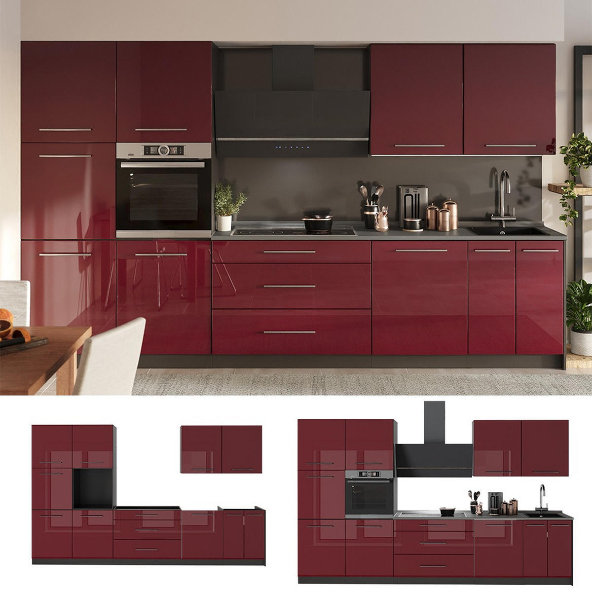 KÜCHENZEILE Fame-Line, Bordeaux Hochglanz/Anthrazit, 340 cm, AP Eiche - Bordeaux/Anthrazit, Holzwerkstoff (340/206.8/60cm) - Vicco