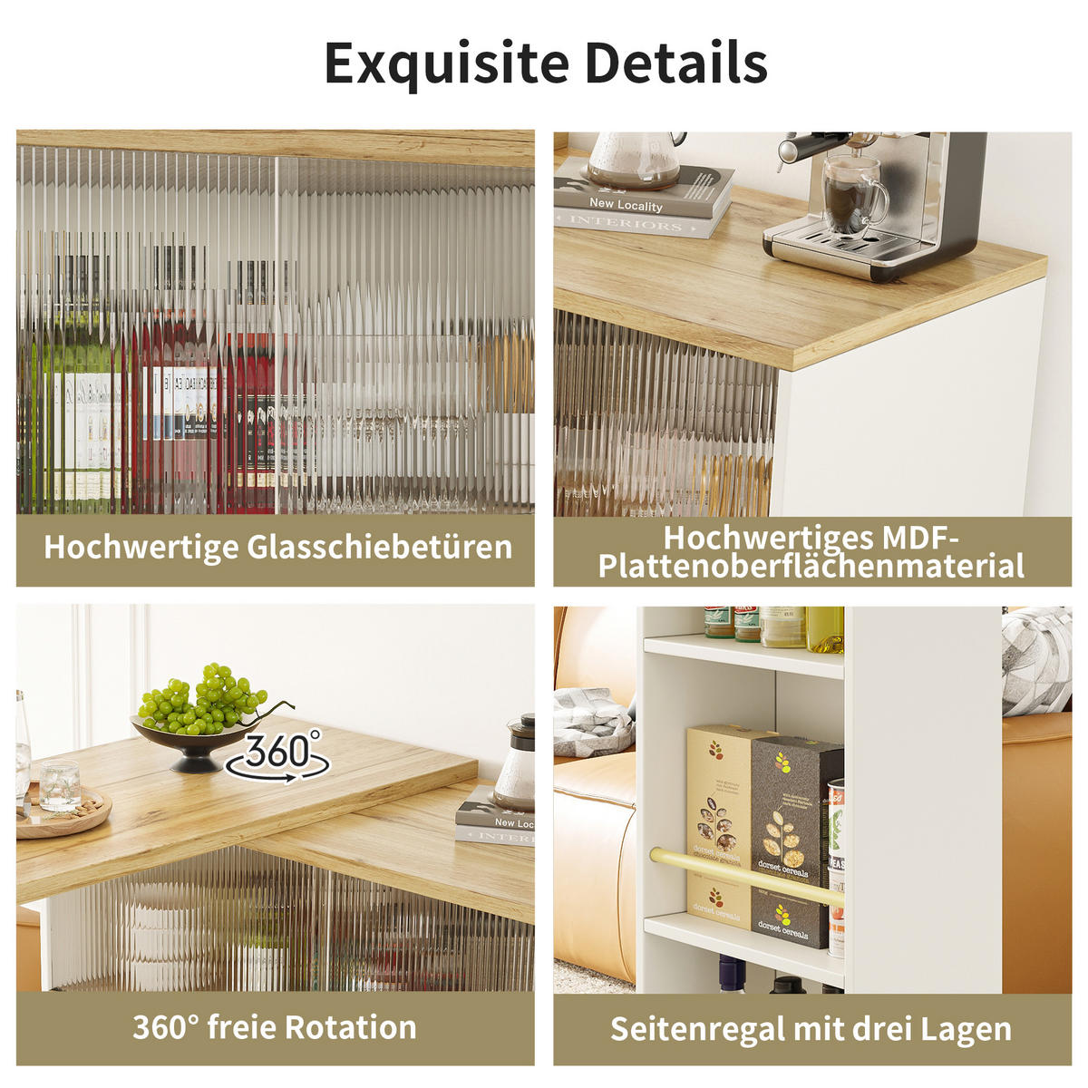 BARTISCH 90/45/100 cm Weiß drehbar 360° mit Glasschiebetür aus MDF - Weiß, Holzwerkstoff (90/45/100cm) - OKWISH