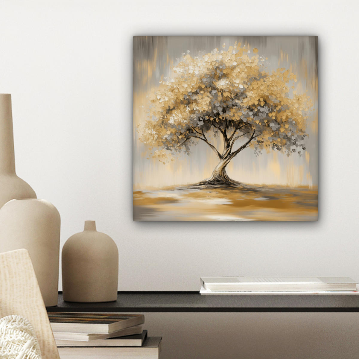 LEINWANDBILD Gemälde - Baum - Abstrakt - Blätter Deko Wohnzimmer 20x20 cm - Beige, Textil (20/20cm) - MuchoWow