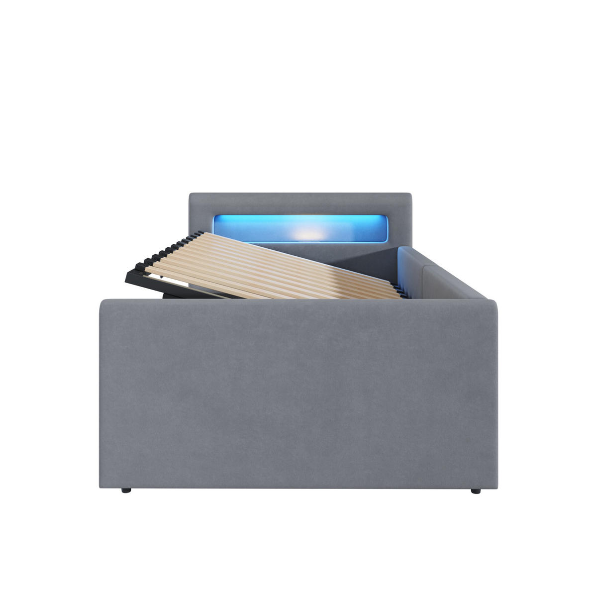 KINDERBETT aus Samtstoff 90x200 cm Hellgrau mit LED-Beleuchtung, USB-Anschluss und Hydraulik-Stauraum - Hellgrau, Textil (90/200cm) - IVMEU