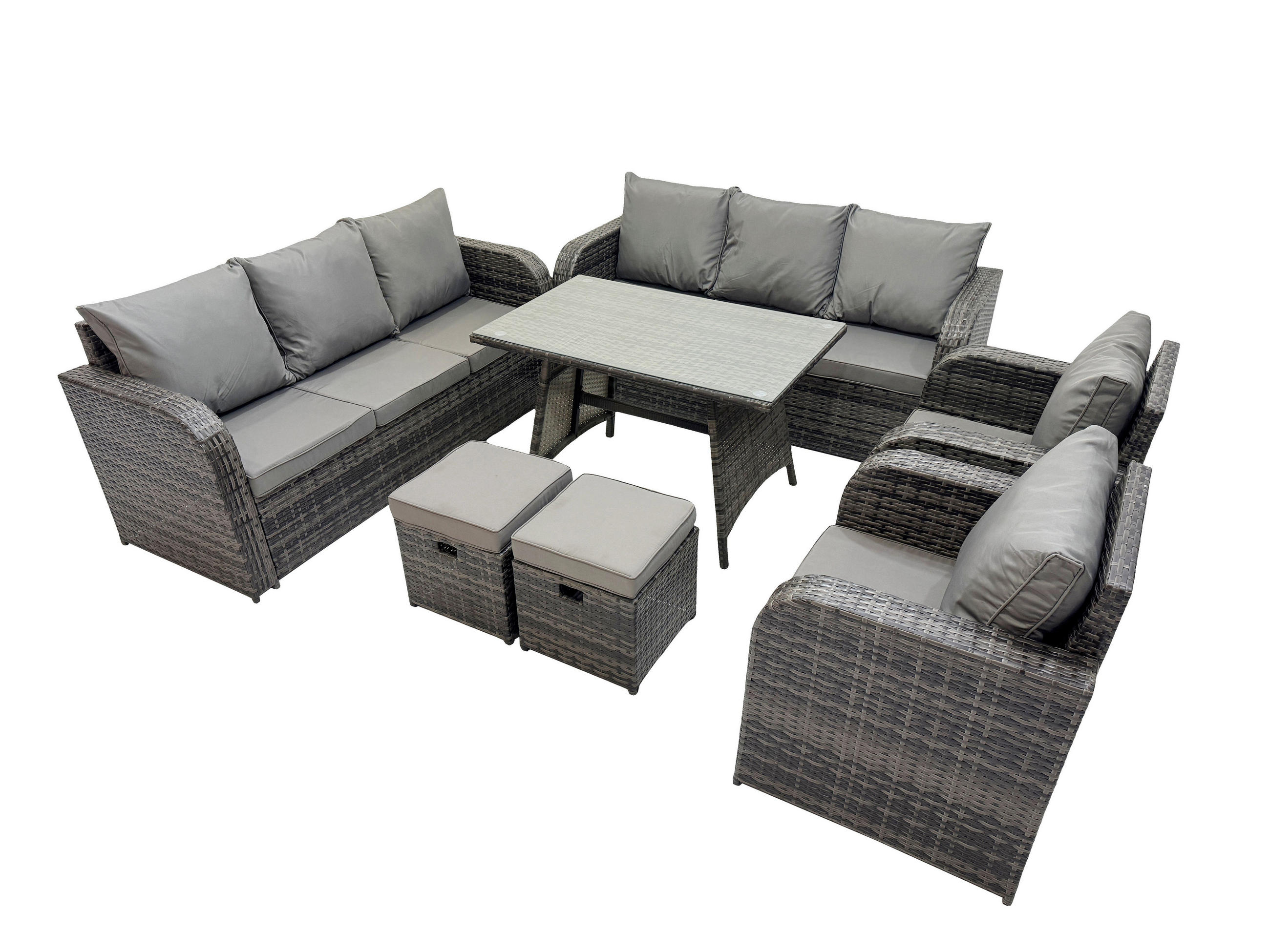 GARTENSET Hohe Rückenlehne Polyrattan 10-Sitzer - Dunkelgrau/Grau, Glas/Kunststoff - Fimous