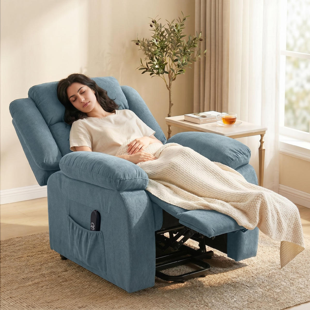RECLINERFÅTÖLJ med uppresningshjälp, polyester och stål, blå - Svart/Blå, Textil/Metall (92/105/94cm) - HOMCOM
