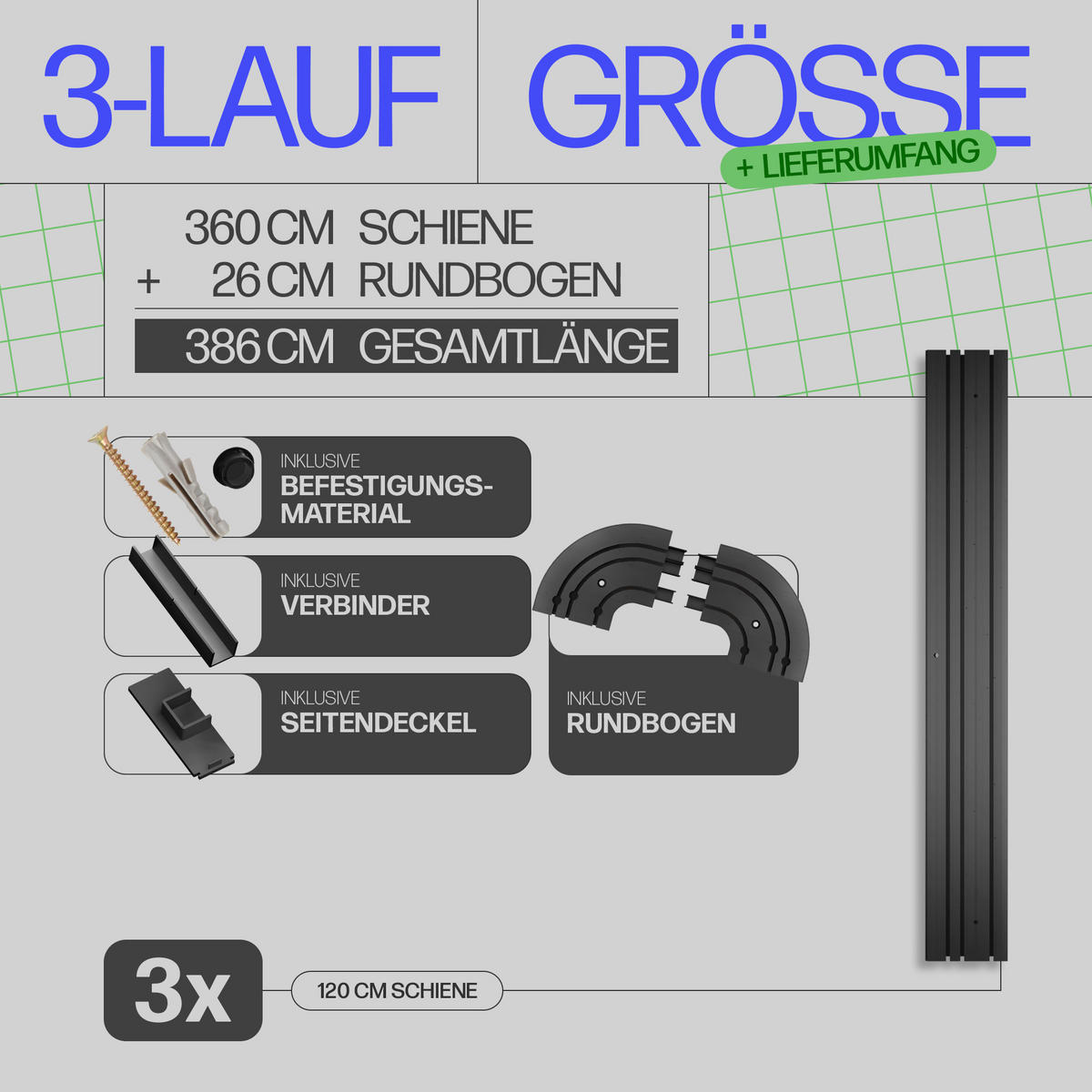 GARDINENSCHIENE inkl. Rundbögen 360cm (3x120cm) 3-läufig - Schwarz, Kunststoff (10/1.8/360cm)