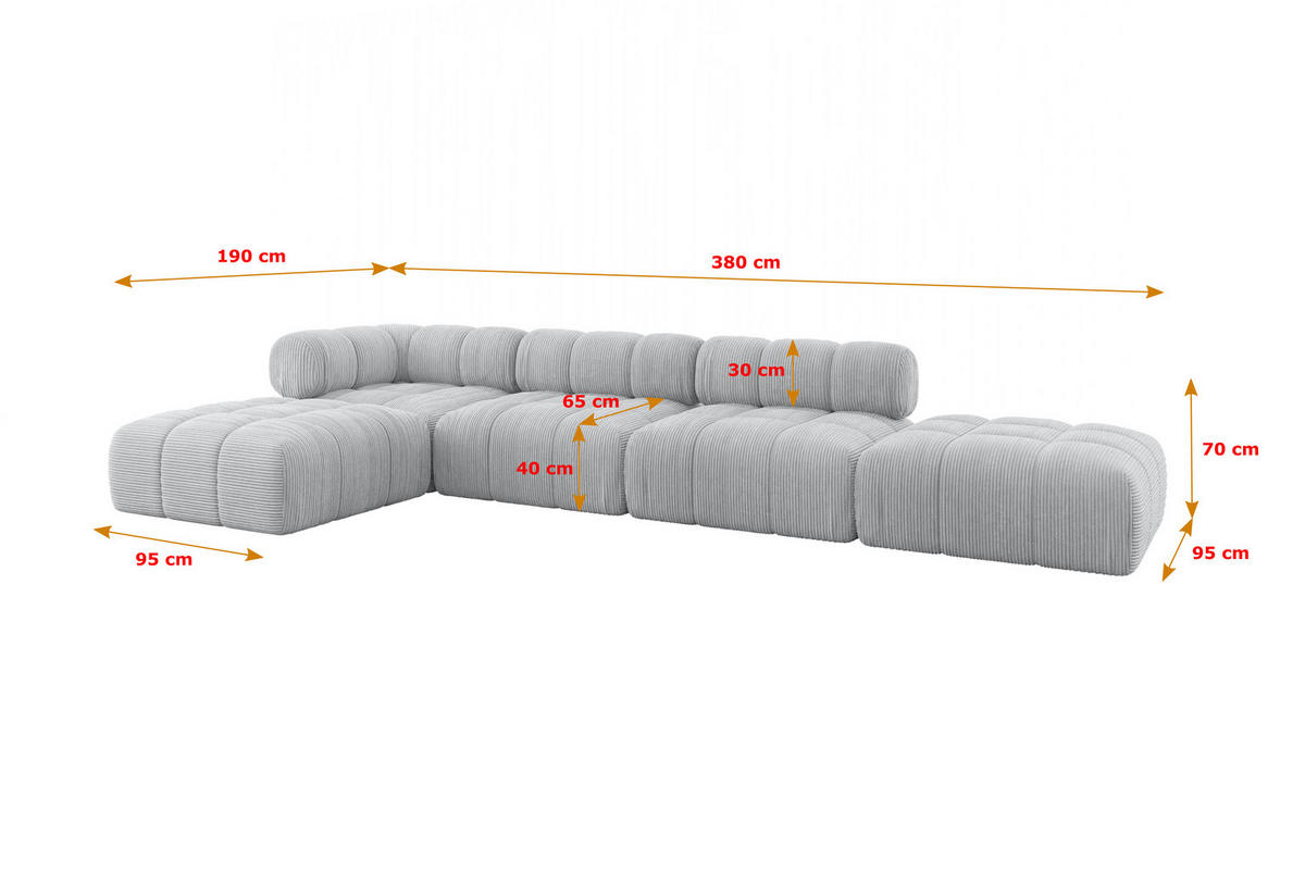 ECKSOFA modulares Sofa Kerru-L2 - 380x190x70 cm Grau Cord - Grau, Holzwerkstoff/Textil (380/190cm) - ALTDECOR