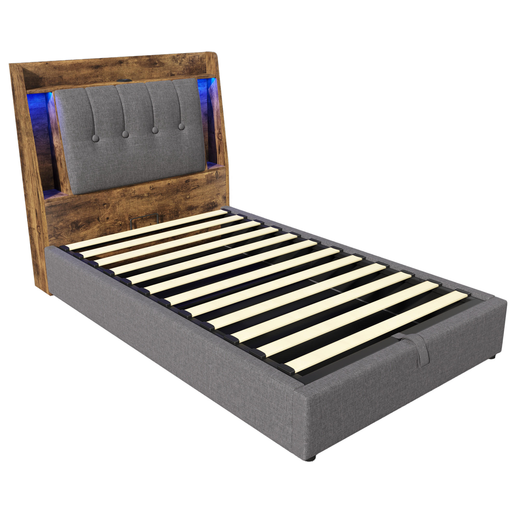 STAURAUMBETT 90/200 cm DE-04877, mit LED und Klappfach in Grau - Grau, Holzwerkstoff/Metall (90/200cm) - ComfortXL