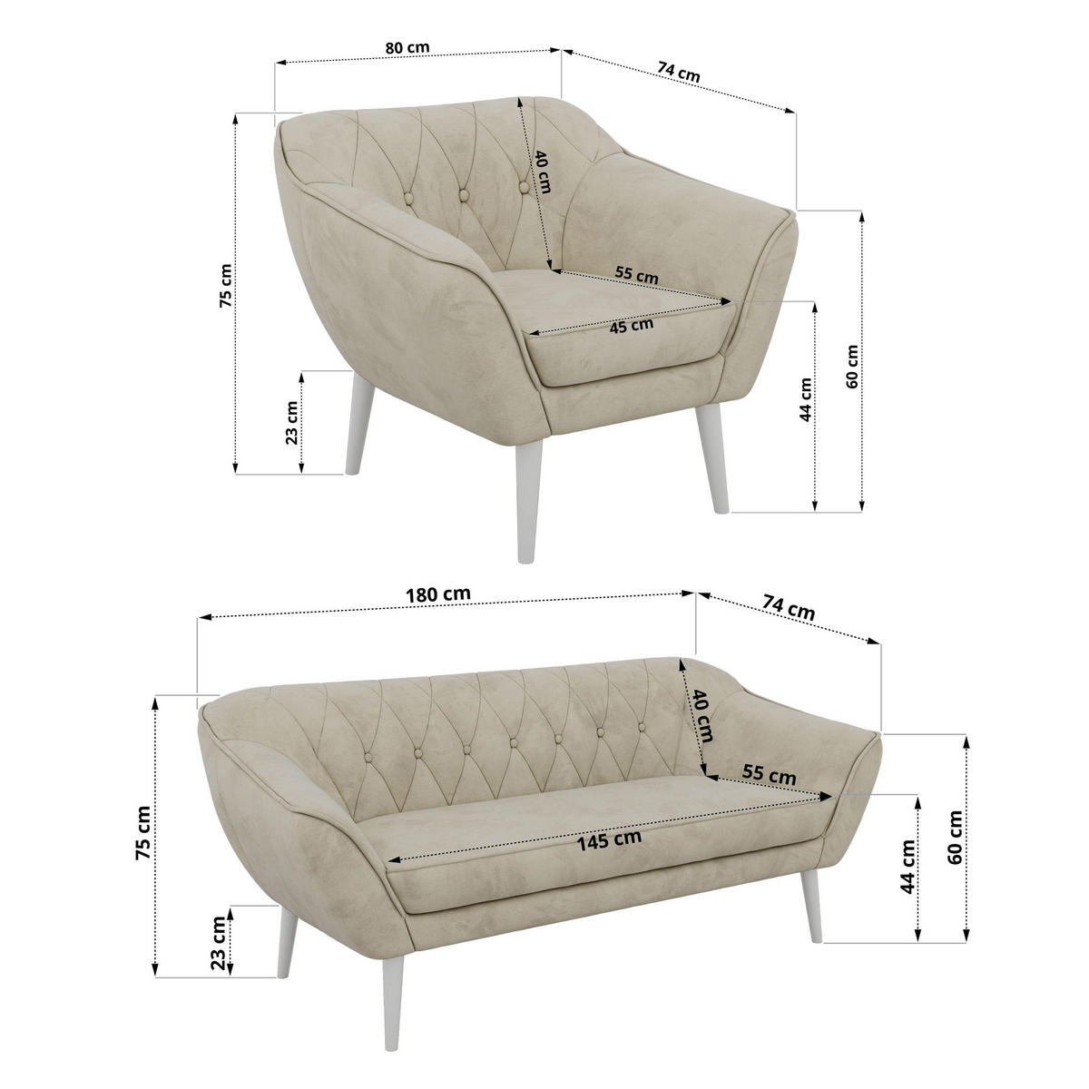 SITZGARNITUR PIRS 3+3+1 - Beige Velvet - Weiße Beine - Beige/Weiß, Holzwerkstoff/Textil (180/75/74cm) - MKS
