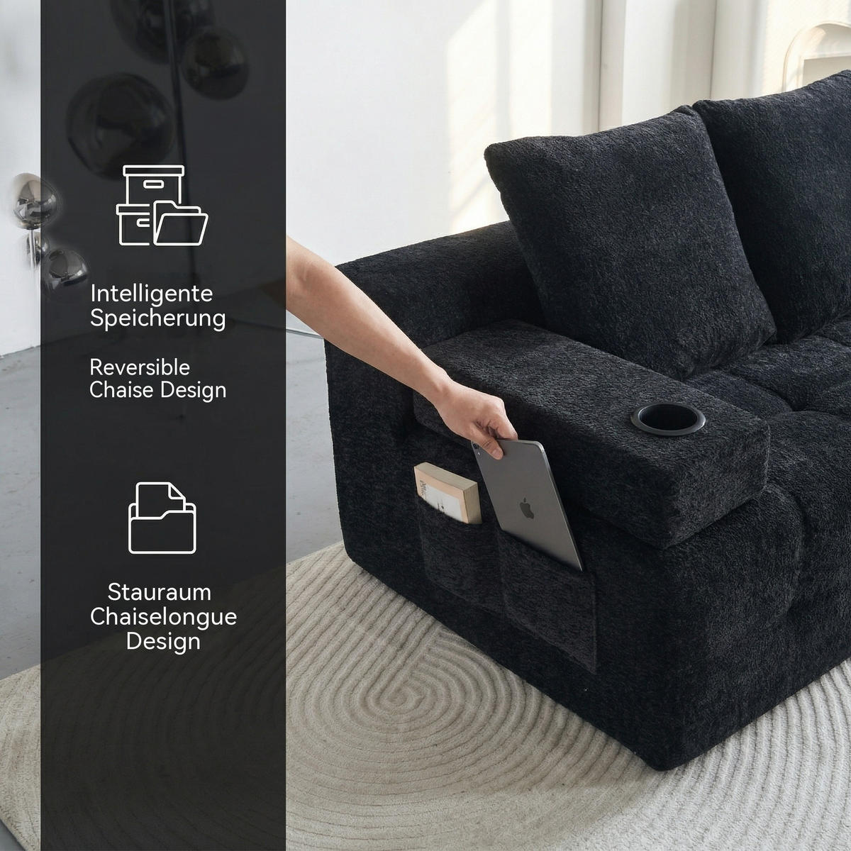 ECKSOFA Chenille Schwarz mit Becherhaltern und Seitenfach - Schwarz, Textil (260/168cm) - WISHDOR
