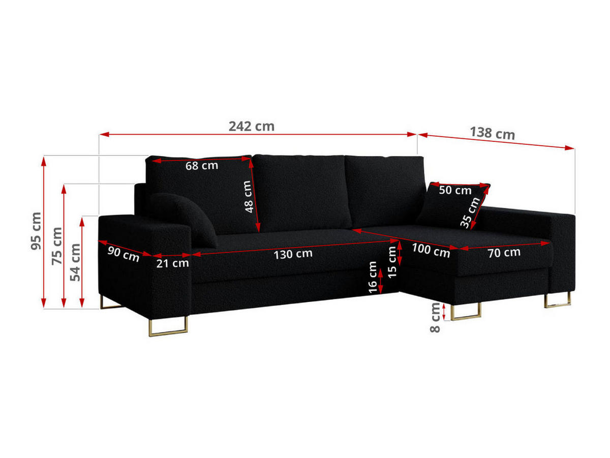 ECKSOFA Dorian Boucle Schwarz - Goldfarben/Schwarz, Textil/Metall (242/138cm) - MKS