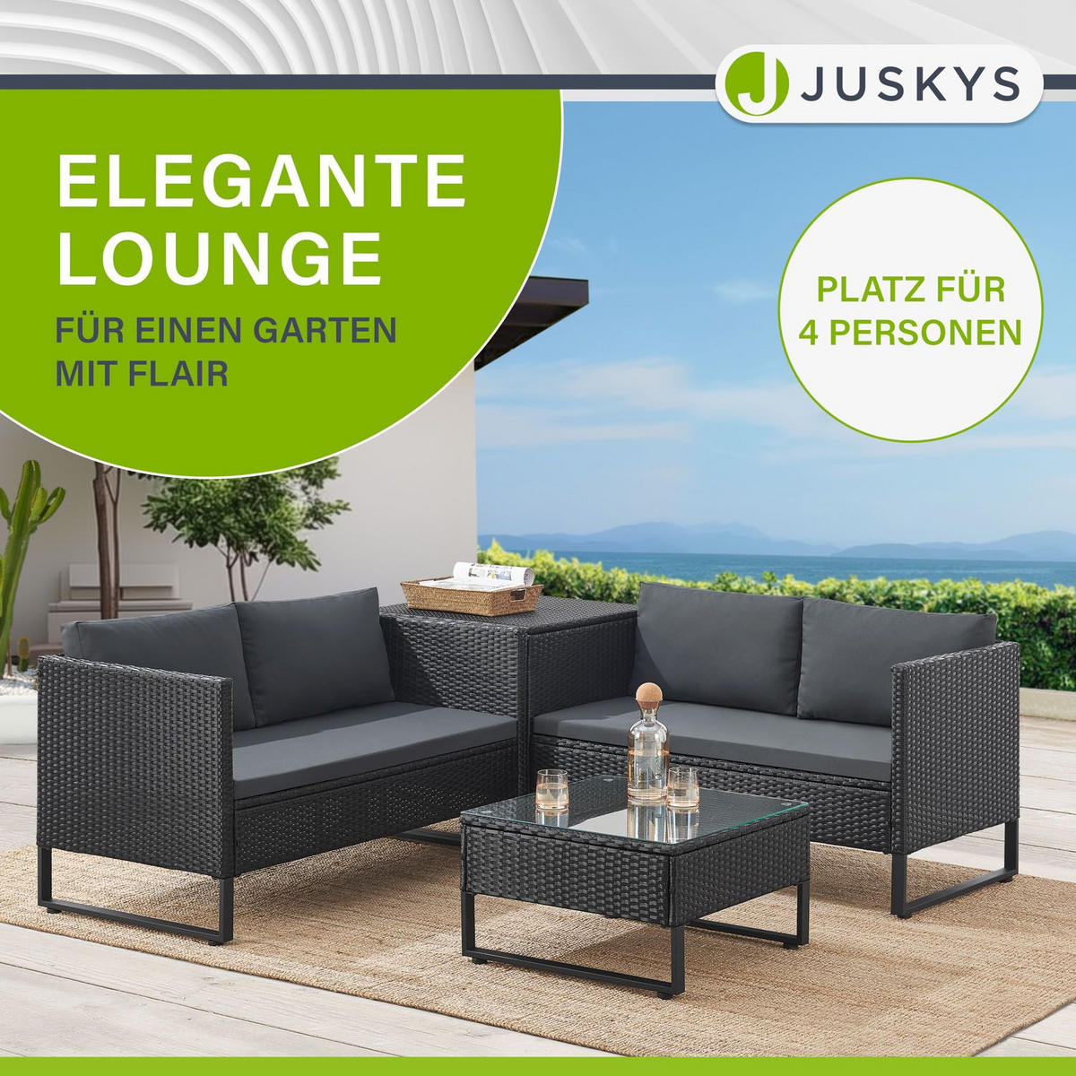 LOUNGEGARNITUR Santorini schwarz / grau - Schwarz, Kunststoff - Juskys