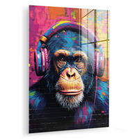 ACRYLGLASBILD Graffiti - Schimpanse - Straßenkunst - Kopfhörer - Affe 60x80 cm - Blau, Glas (60/80cm) - MuchoWow