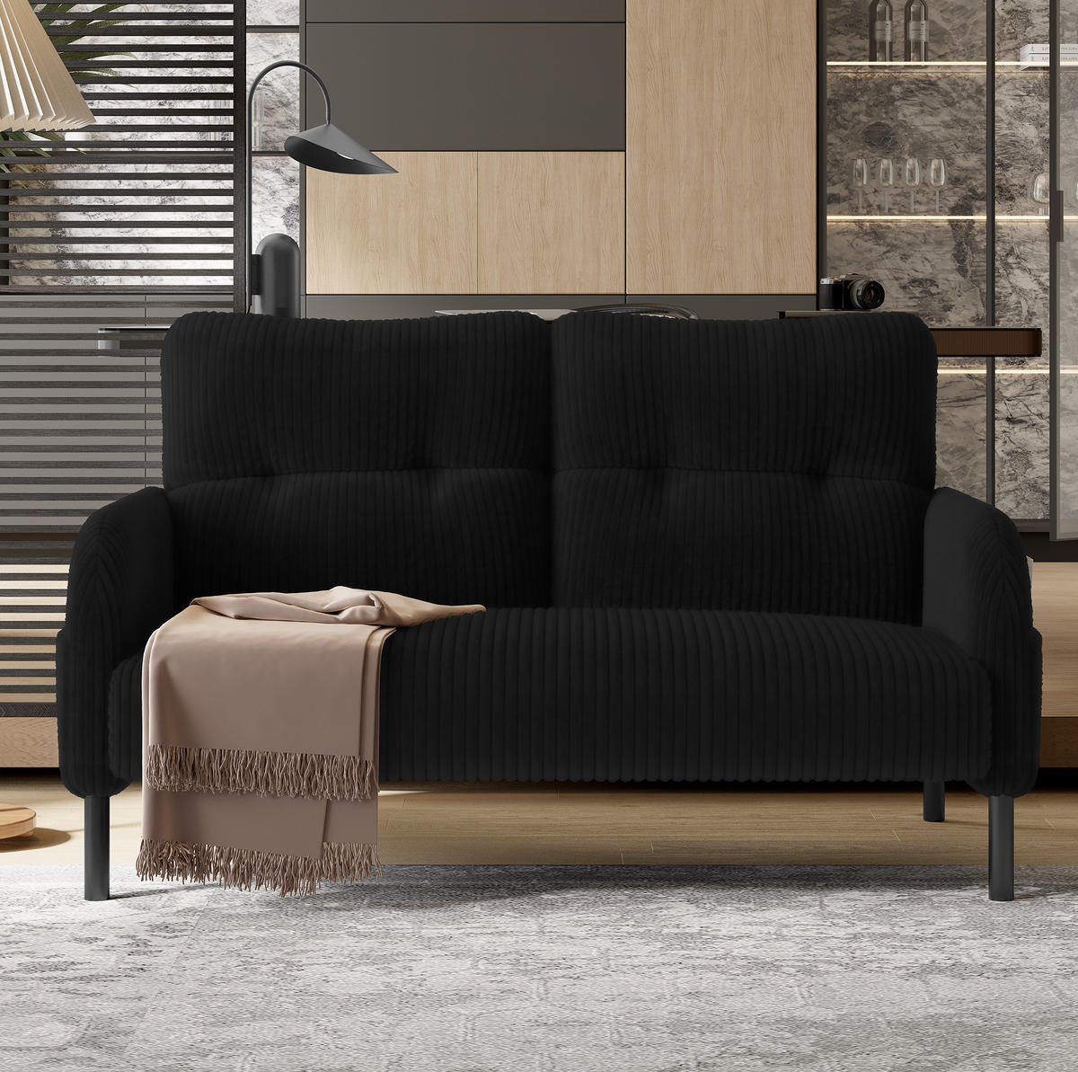 SOFA 2-Sitzer 120 x 75 x 79 cm Cord Black mit Seitentasche - Schwarz, Kunststoff (120/79/75cm) - Meubliv
