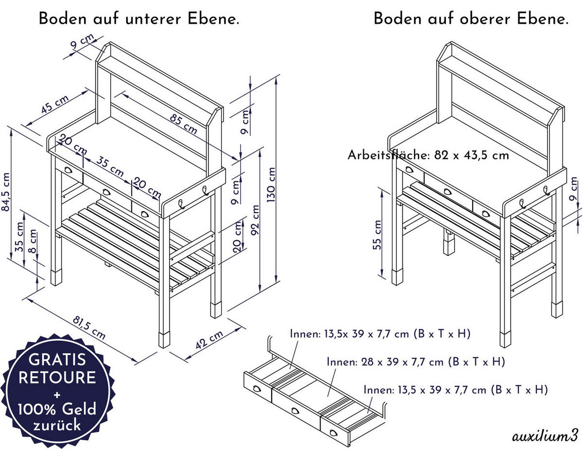PFLANZTISCH aus Holz, mit 3 Schubladen, wetterfest für Garten und Balkon, weiß - Weiß, Holz (45/85/130cm) - WONDERMAKE