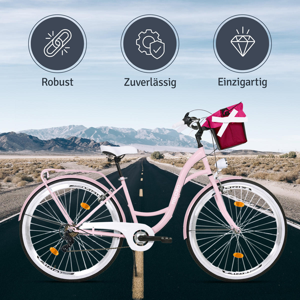 CITY-FAHRRAD Milord mit Metallkorb, 28 Zoll, Rosa, 7-Gang - Pink, Metall (46cm) - Milordbikes