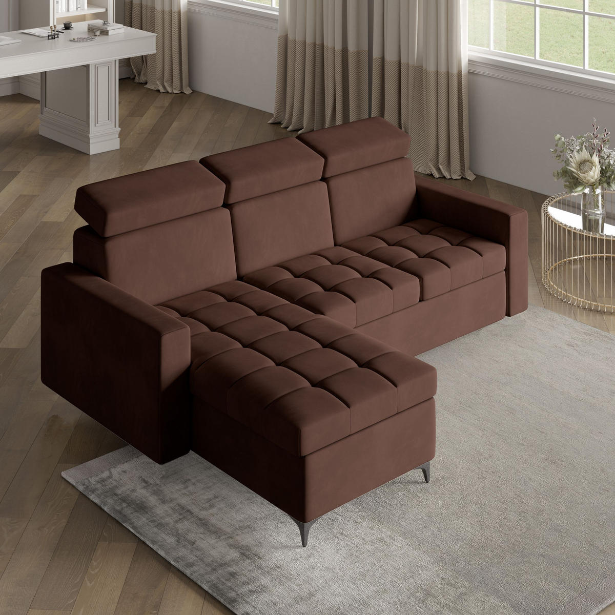 ECKSOFA KAME Braun Plüsch-Stoff mit Schlaffunktion - Braun, Holz (227/168cm) - MASSENO
