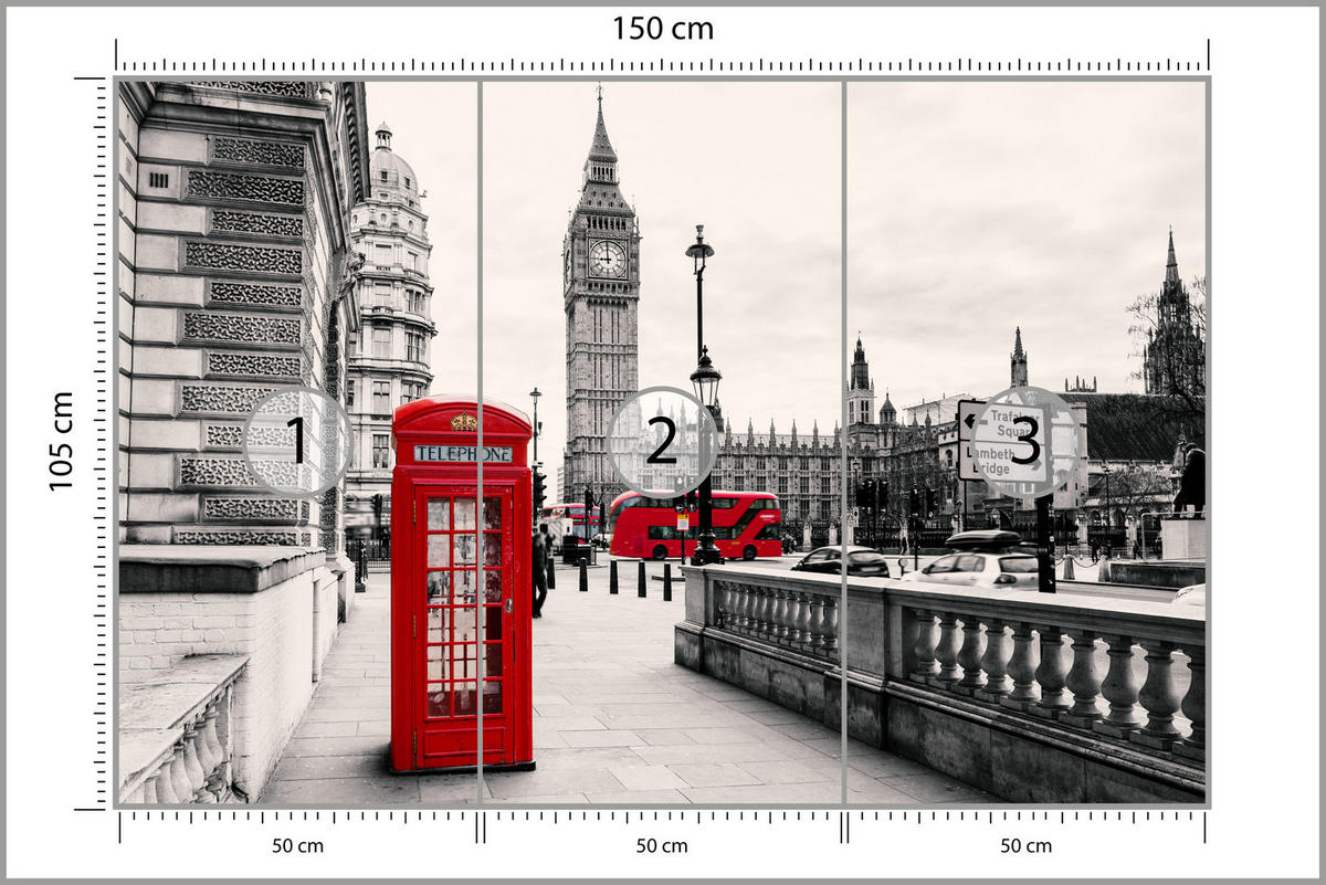 FOTOTAPETE für Wohnzimmer Rote Telefonzelle London BIG BEN Bus 150x105 - Beige/Rot, Papier (150/105cm) - Muralo