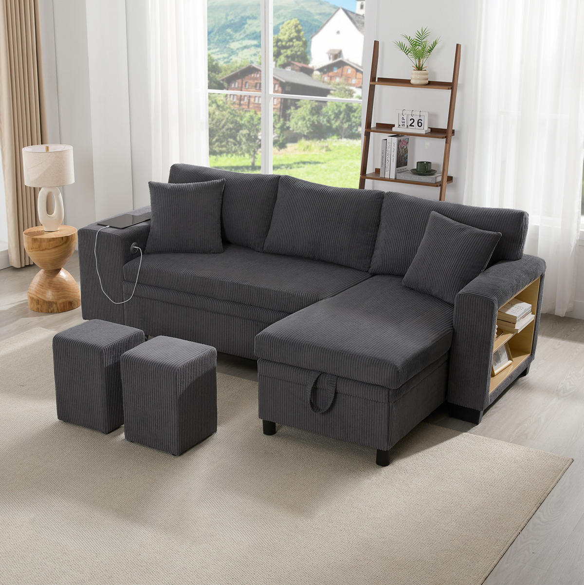 ECKSOFA L-Form 3-Sitzer mit Schlaffunktion und USB-Anschluss Cord Grau 231/131,5/84 cm - Grau, Textil (231/131.5cm) - OKWISH