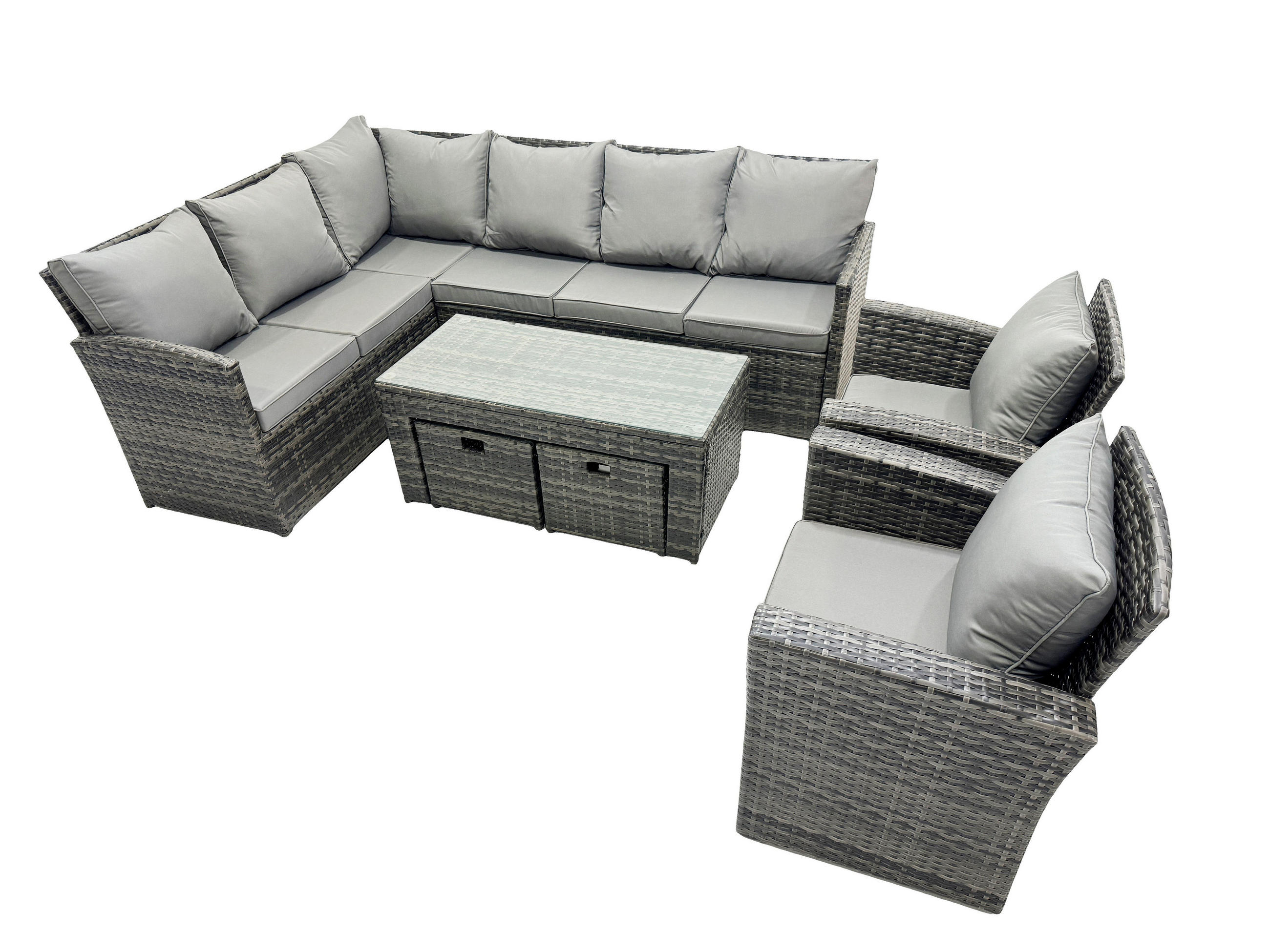 SITZGRUPPE mit Ecksofa,Länglicher,Couchtisch ,2 Hockern, Sessel Polyrattan 10-Sitzer - Dunkelgrau/Grau, Glas/Kunststoff - Fimous
