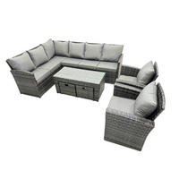 SITZGRUPPE mit Ecksofa,Länglicher,Couchtisch ,2 Hockern, Sessel Polyrattan 10-Sitzer - Dunkelgrau/Grau, Glas/Kunststoff - Fimous