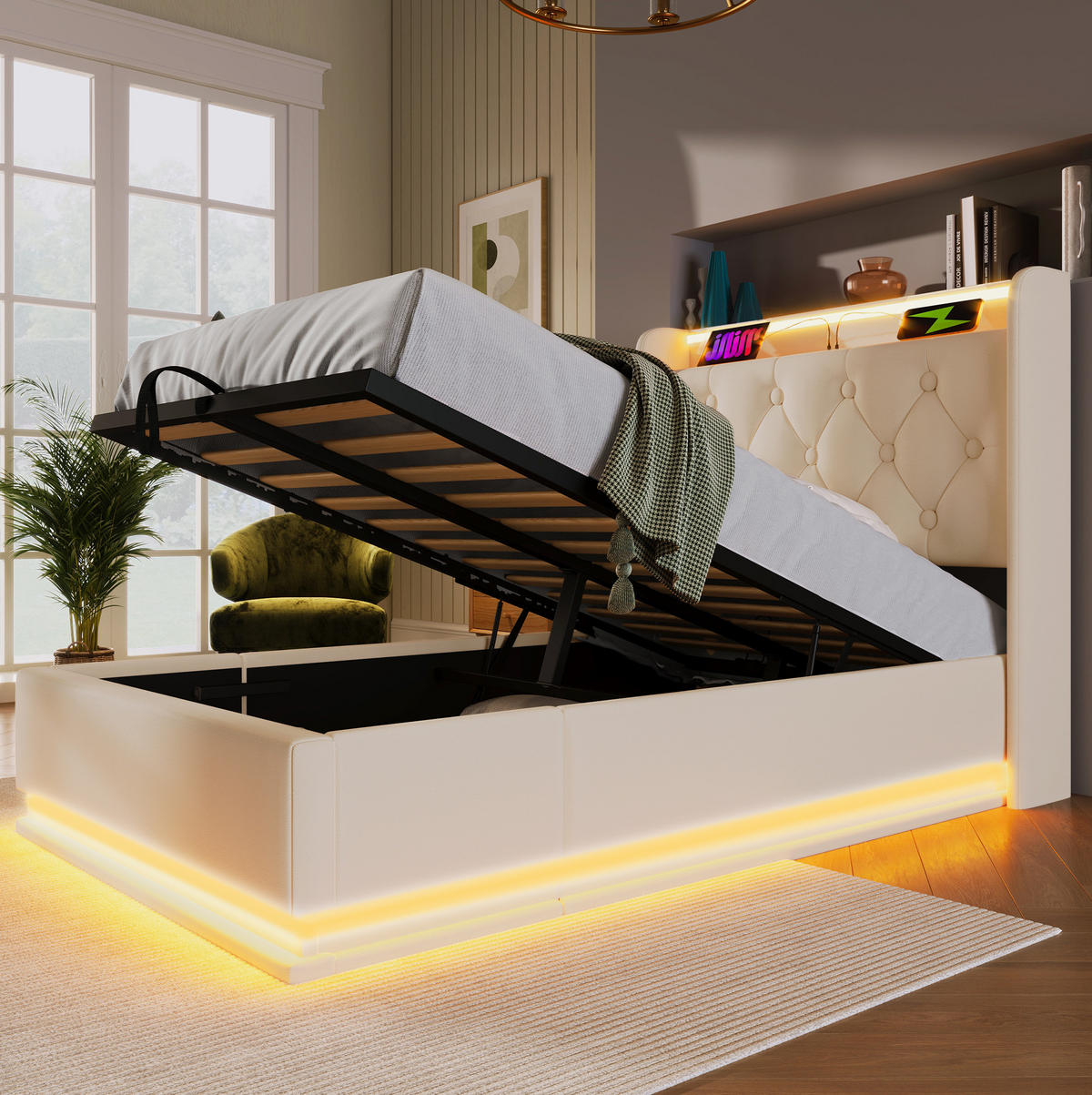 POLSTERBETT mit LED und Stauraum 90x200 cm PU Weiß - Weiß, Metall (90/200cm) - Meubliv