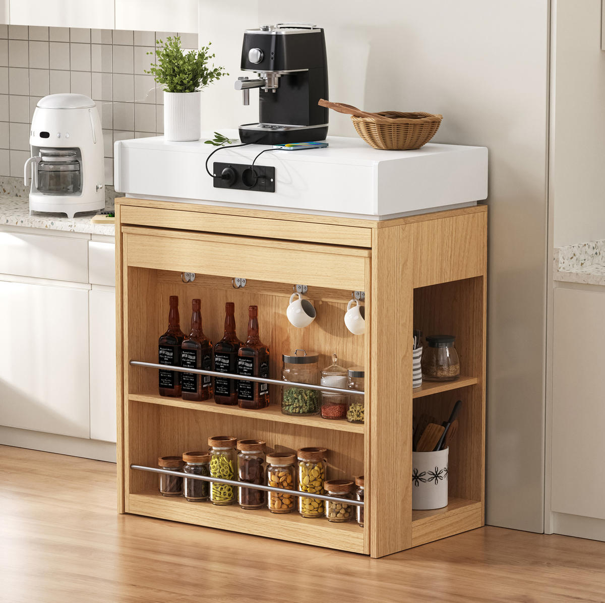 KÜCHENINSEL 83/96/46-146,5 cm Natur aus MDF und Glas mit ausziehbarer Tischplatte - Naturfarben, Holzwerkstoff (46/96/83cm) - OKMYHOME