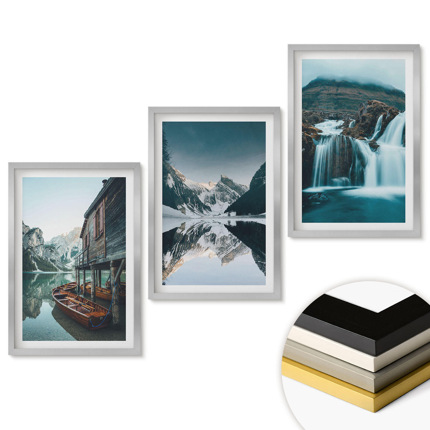 WANDBILDER 3er Set - 40x60 cm Silberner Rahmen - Berglandschaften Wasserfall See - Silberfarben, Kunststoff (40/60cm) - ArtPrintCave