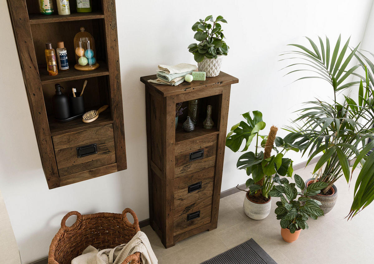 KOMMODE Mango 50x30x120 braun lackiert RAILWAY #481 - Braun, Holz (50/120/30cm) - Massivmoebel24