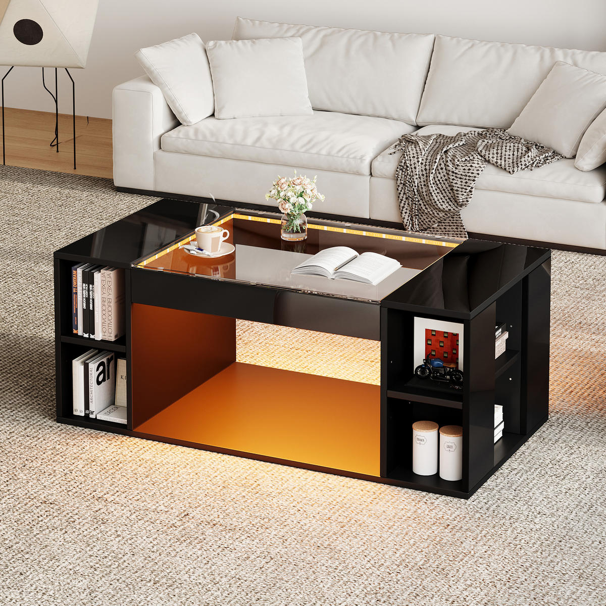 COUCHTISCH 100×50×40 cm, schwarz, MDF, mit gehärteter Glasplatte, Hochglanz, LED-Beleuchtung, ausgehöhltes Design, moderner Wohnzimmertisch - Schwarz, Holzwerkstoff (100/50/40cm) - Ej. Life