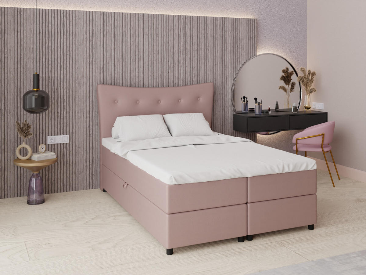 BOXBETT Nevada 140 x 200 cm Doppelbett mit hochwertiger Bonell-Matratze und Topper - rosa - Rosa, Holz (140/200cm) - Panda Möbel