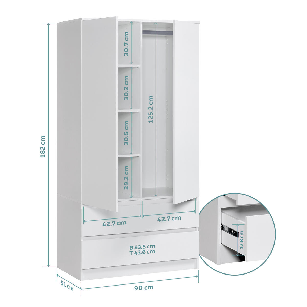 GARDEROBE mit 2 Türen, 3 Einlegeböden und 2 Schubkästen in weiß - Weiß, Holzwerkstoff (90/182/51cm) - Home Collective