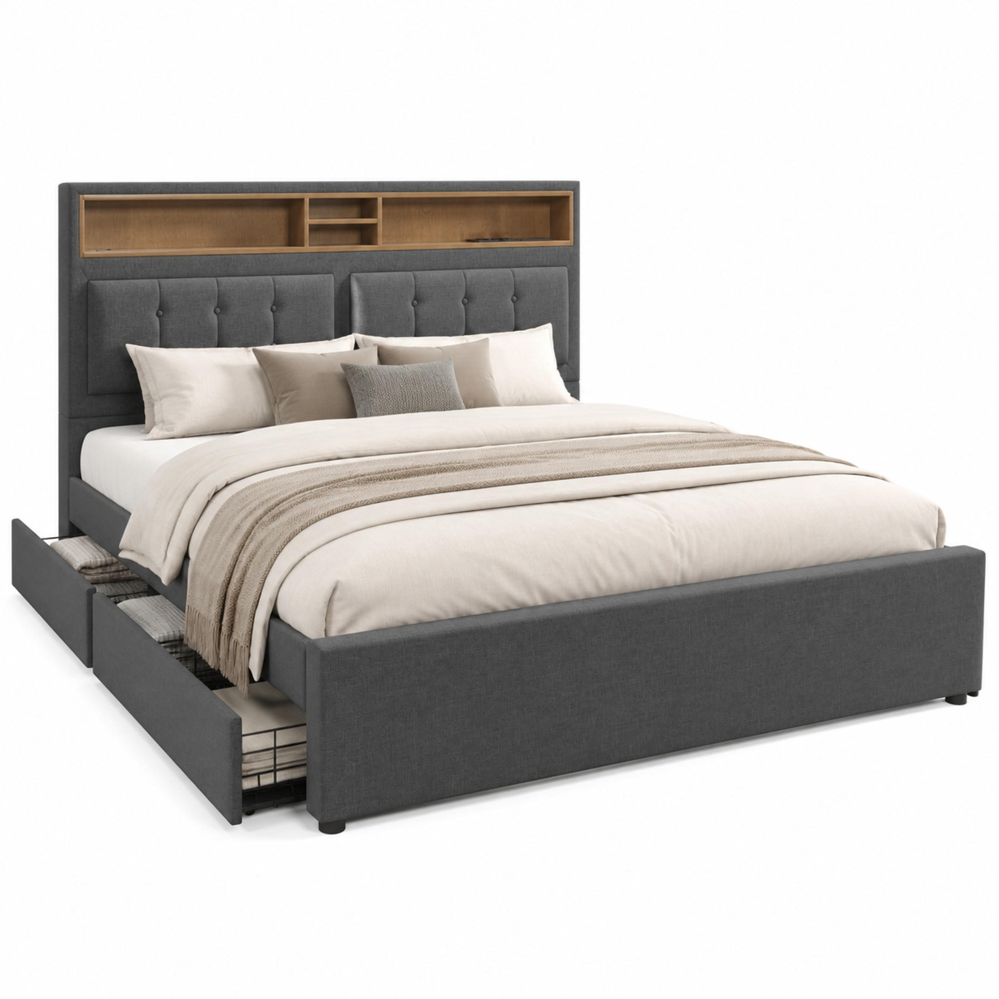 BETT mit 4 Schubladen & USB-C 140x200 cm Leinen Grau - Grau, Metall (140/200cm) - Meubliv