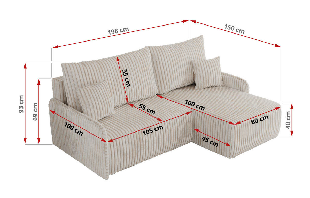 ECKSCHLAFSOFA ARPA L Creme Cord - links - Creme/Schwarz, Kunststoff/Textil (198/150cm) - MKS