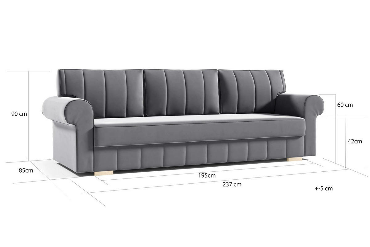 SCHLAFSOFA INES, Sofa mit Schlaffunktion und Bettkasten, Farbe: Grau, Veloursstoff - Grau, Textil (237/90/85cm) - Sepro Meble