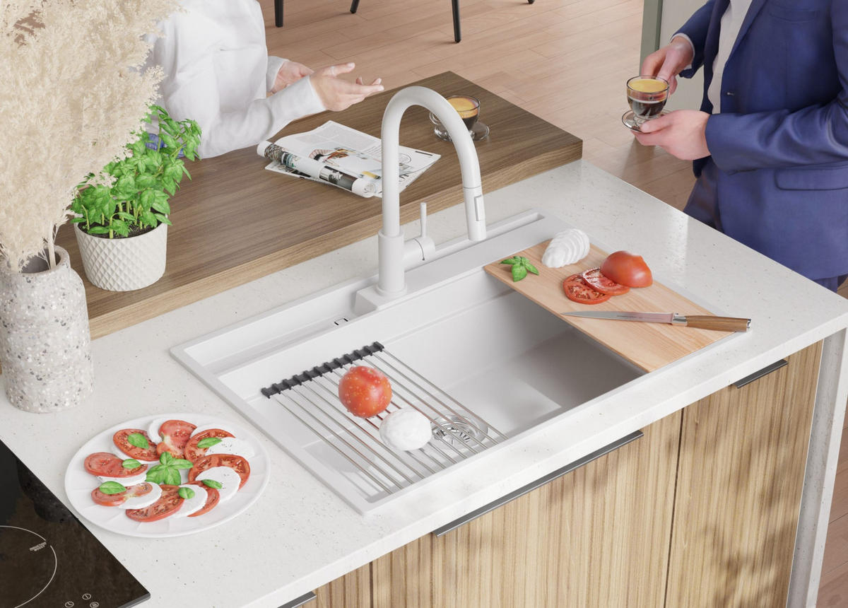 GRANITSPÜLE Oslo Pocket, 2-er set Weiß 78/53 cm 1 Becken + Küchenarmatur 40/20 cm + Ablauf-Set + Küchenzubehörset ab 80er Unterschrank - Chromfarben/Beige, Kunststoff (78/20/53cm) - Primagran
